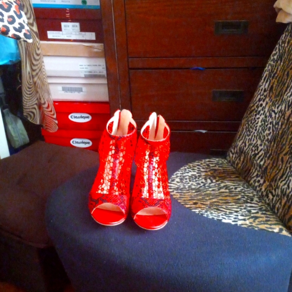 Red and black faux snake and lace bootie